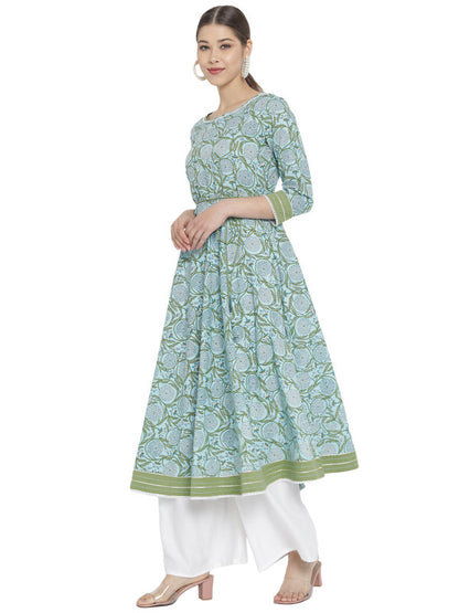 womens cotton floral printed anarkali kurti blue