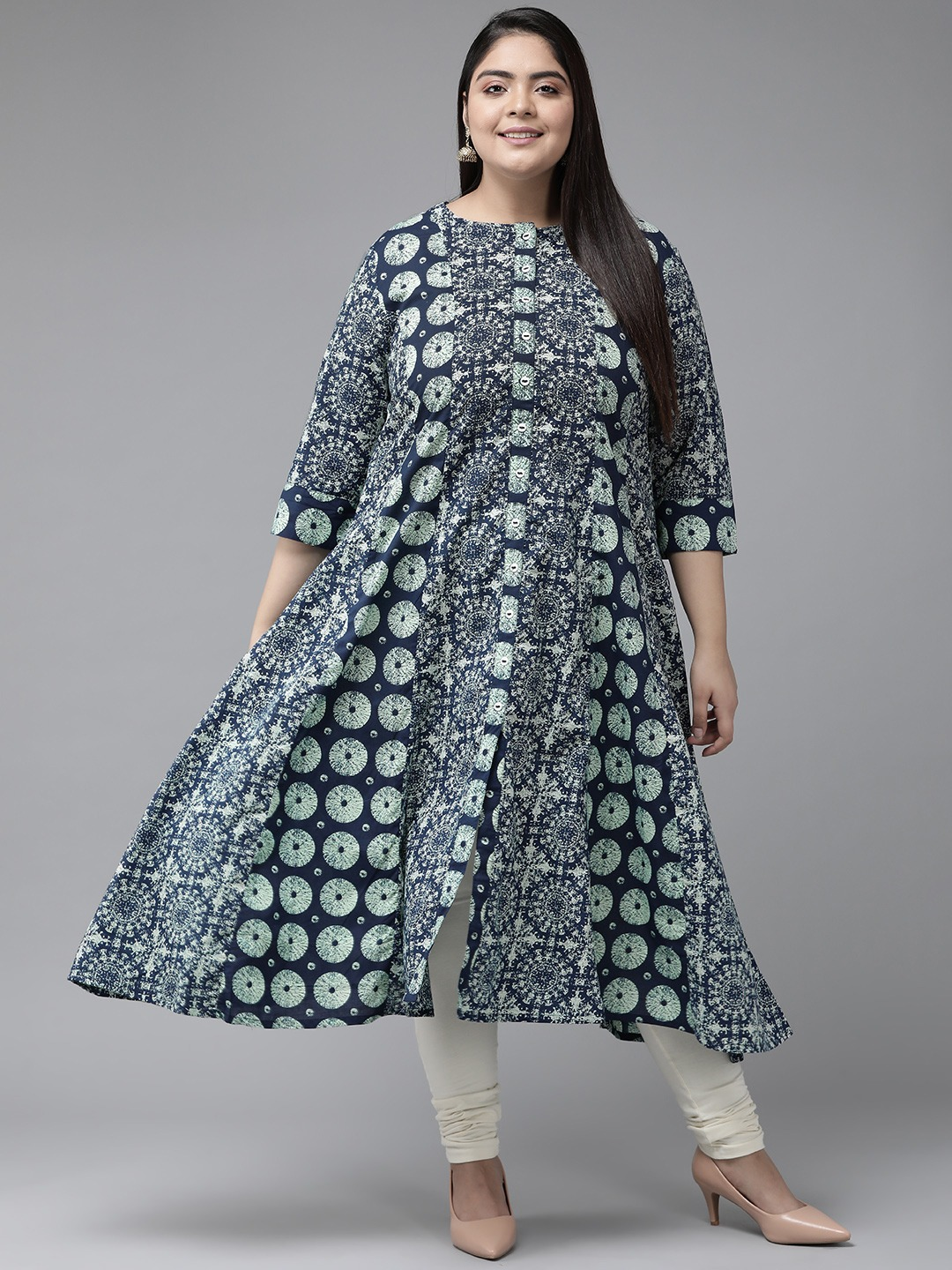 Yash Gallery Women's Cotton Ethnic Motifs Anarkali Kurta (Blue & Sea Green)