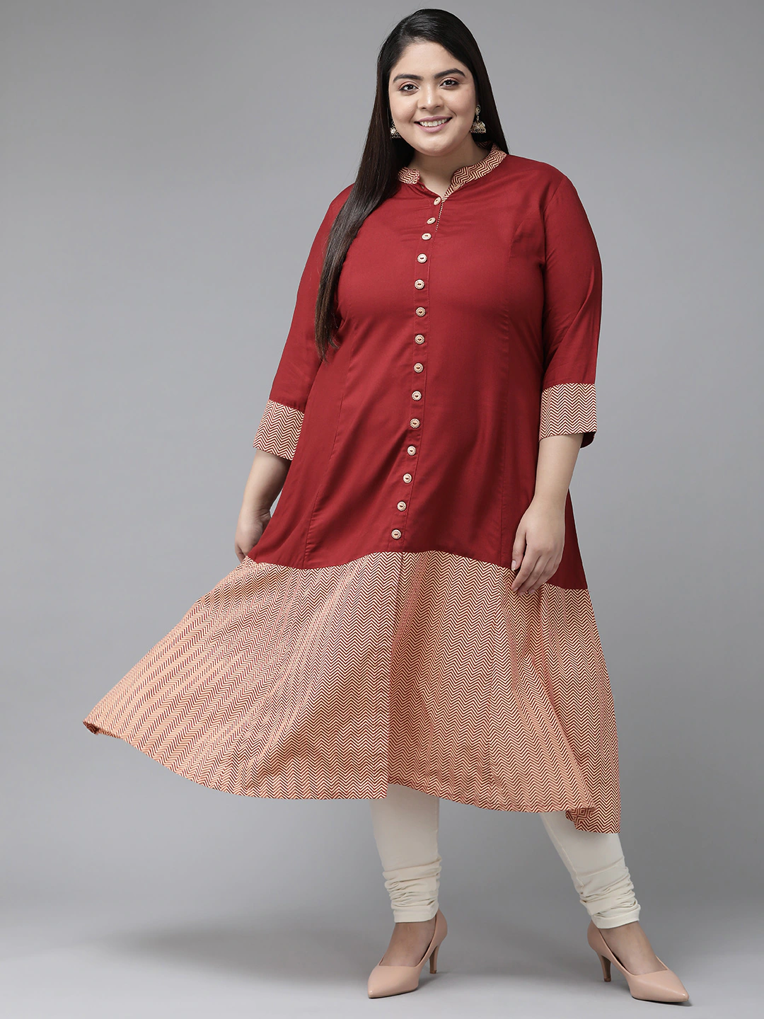 Plus Size Maroon Zig Zag Printed Anarkali Kurti for women