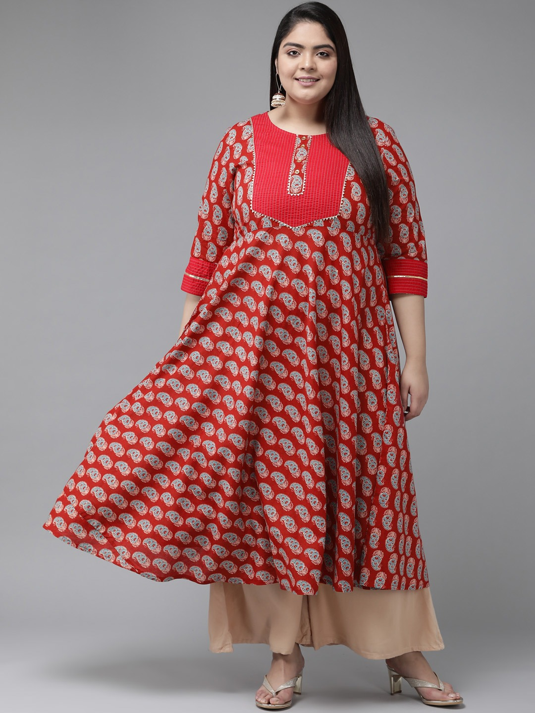 womens plus size floral printed anarkali kurti maroon