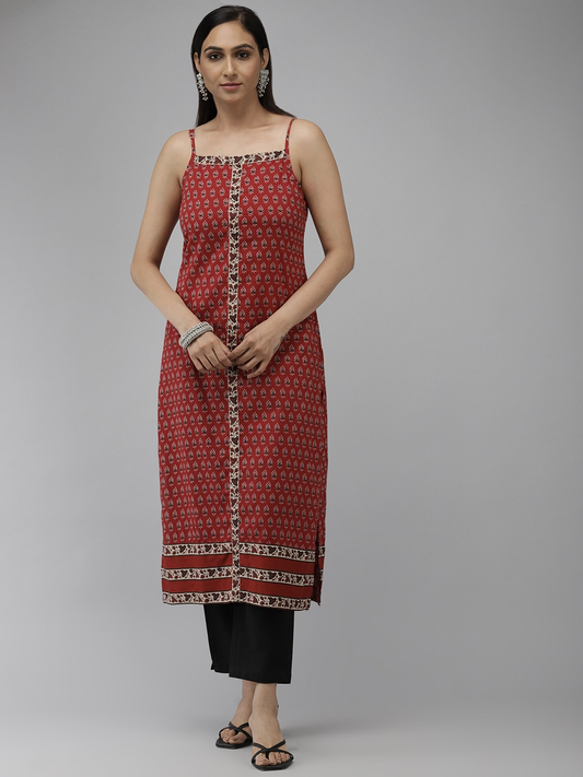 womens floral printed sleeveless straight kurti maroon