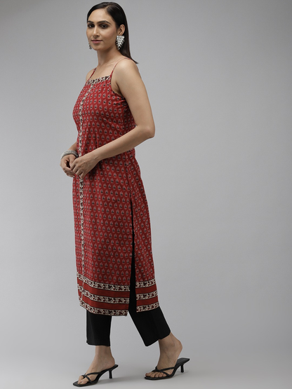 womens floral printed sleeveless straight kurti maroon