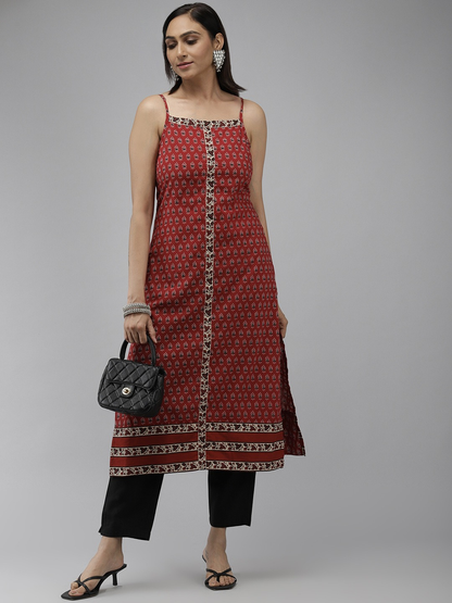 womens floral printed sleeveless straight kurti maroon