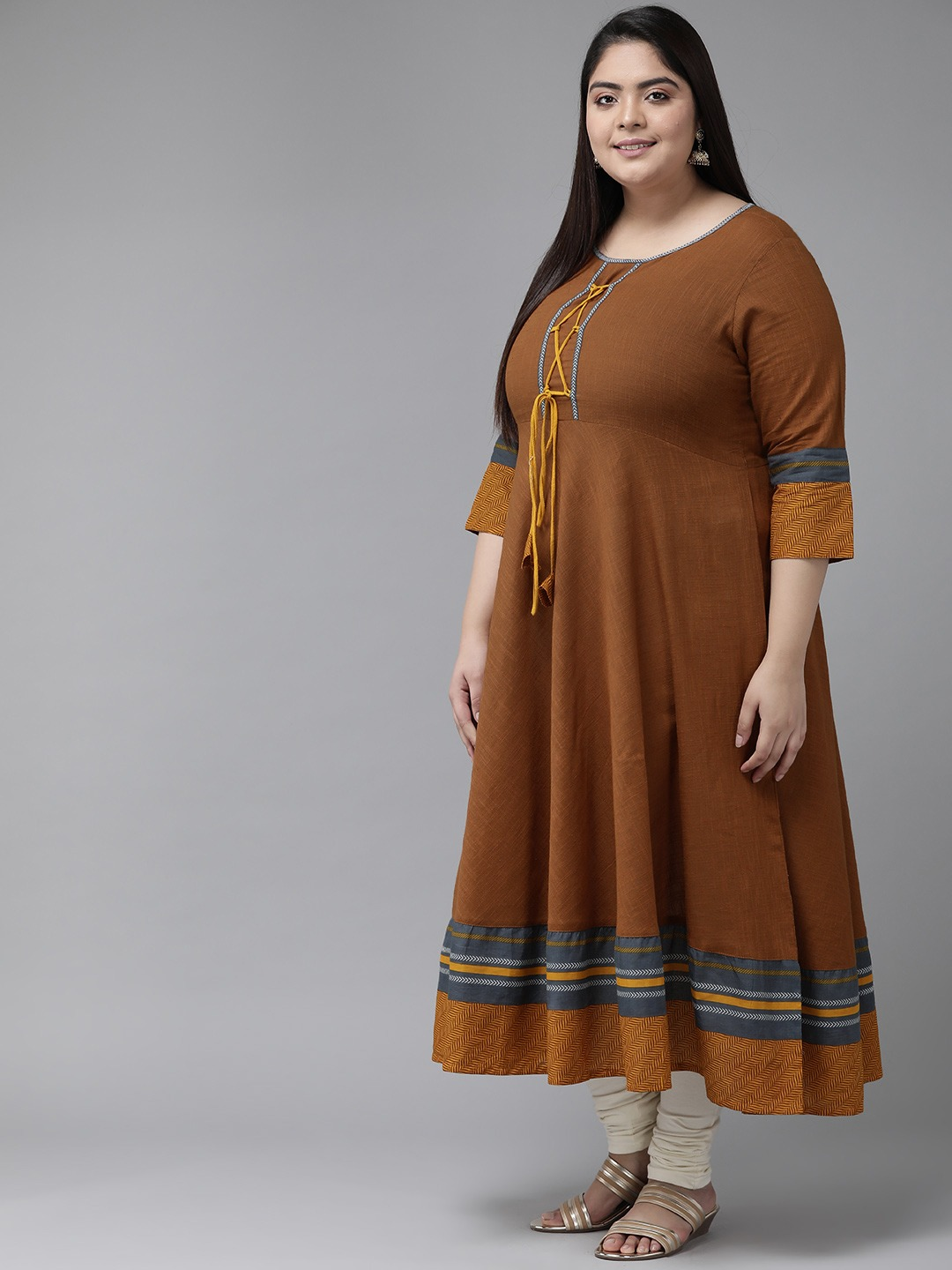 womens plus size cotton anarkali kurti brown