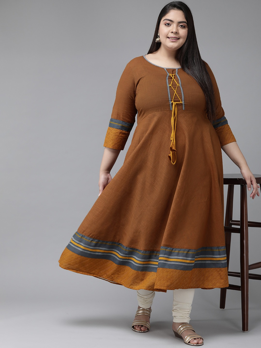 YASH GALLERY Women's Plus Size Cotton  Anarkali Kurti (Brown)