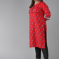 womens plus size cotton slub floral printed straight kurti red