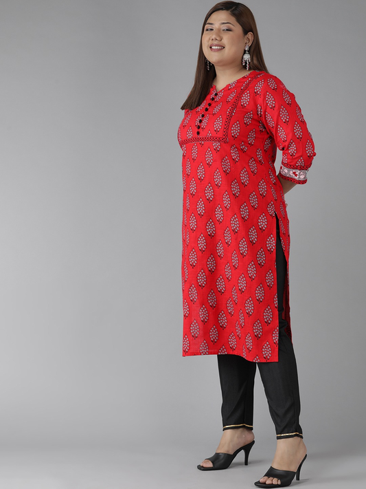 womens plus size cotton slub floral printed straight kurti red