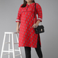 Plus Size Cotton Slub Floral printed Straight Red Kurti