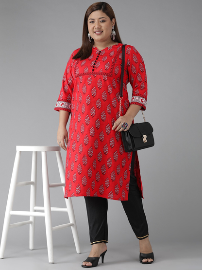 womens plus size cotton slub floral printed straight kurti red