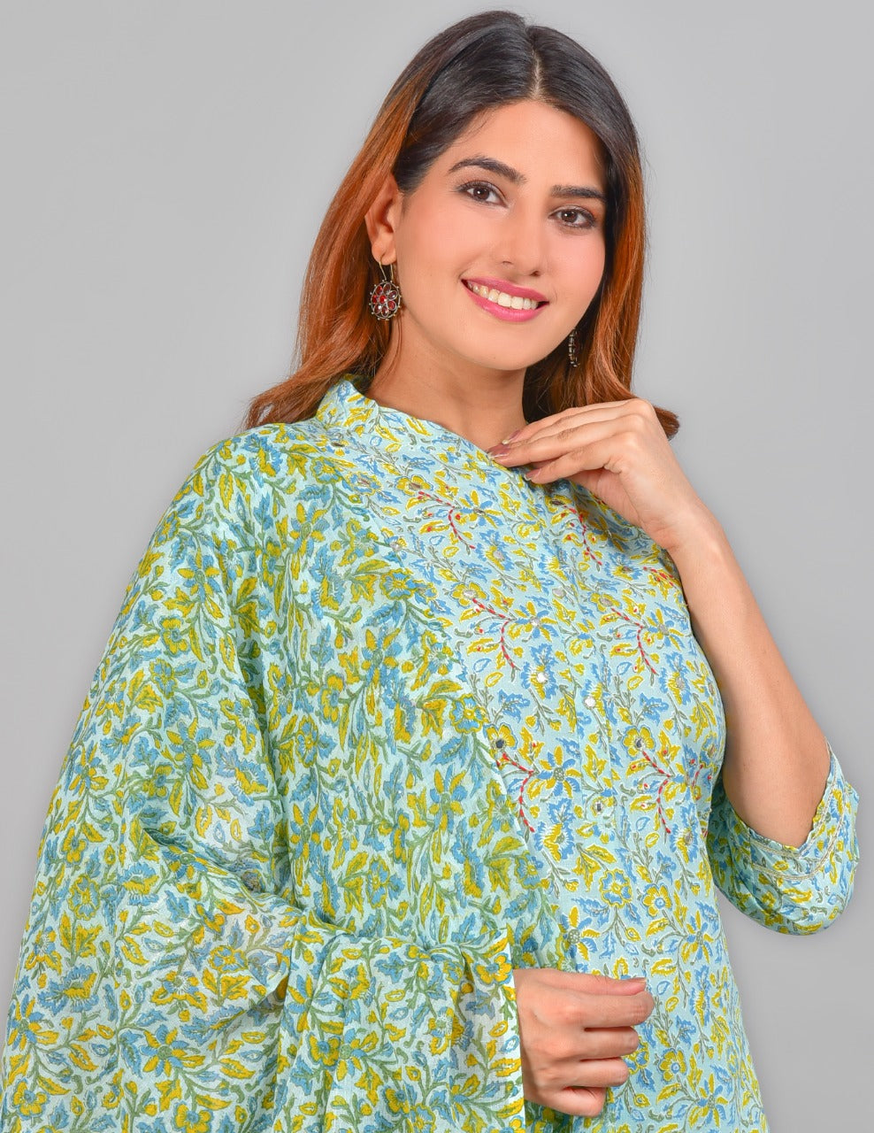 womens embroidered floral printed straight kurta with pant and dupatta green