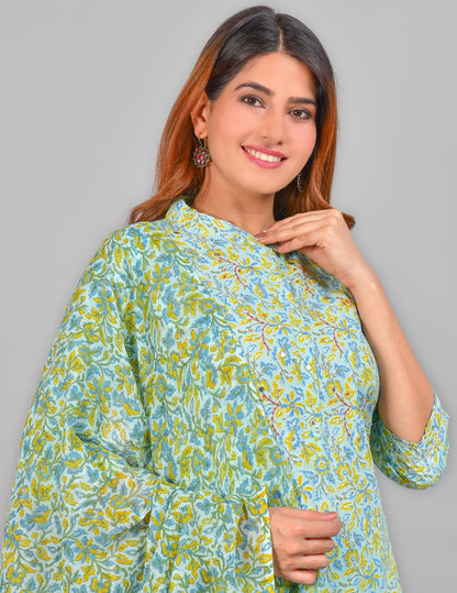 womens embroidered floral printed straight kurta with pant and dupatta green