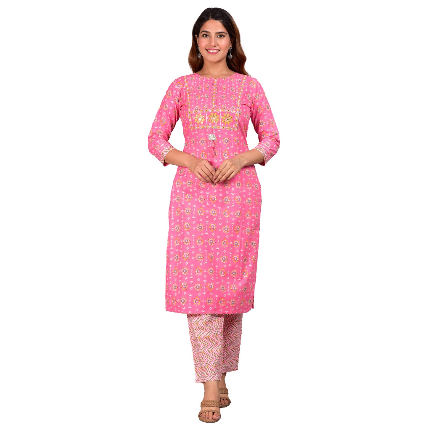 womens embroidered floral printed straight kurta with zig zag printed pant and dupatta pink