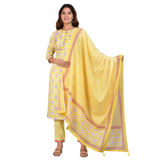 womens embroidered floral printed straight kurta with lehariya printed pant and dupatta yellow