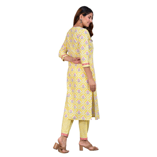 Yellow Embroidered Floral Printed Straight Kurta with Lehariya Printed Pant and Dupatta Back Pose