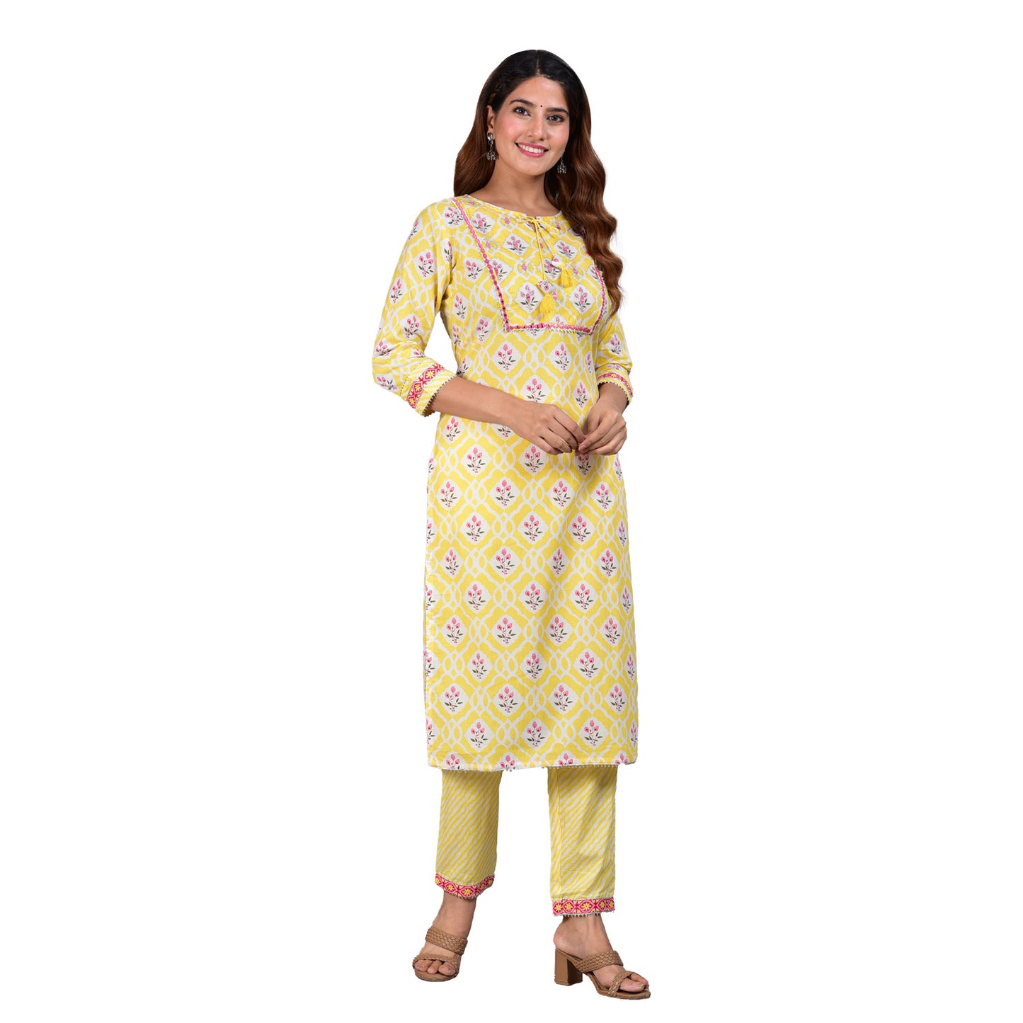 Yellow Embroidered Floral Printed Straight Kurta with Lehariya Printed Pant and Dupatta
