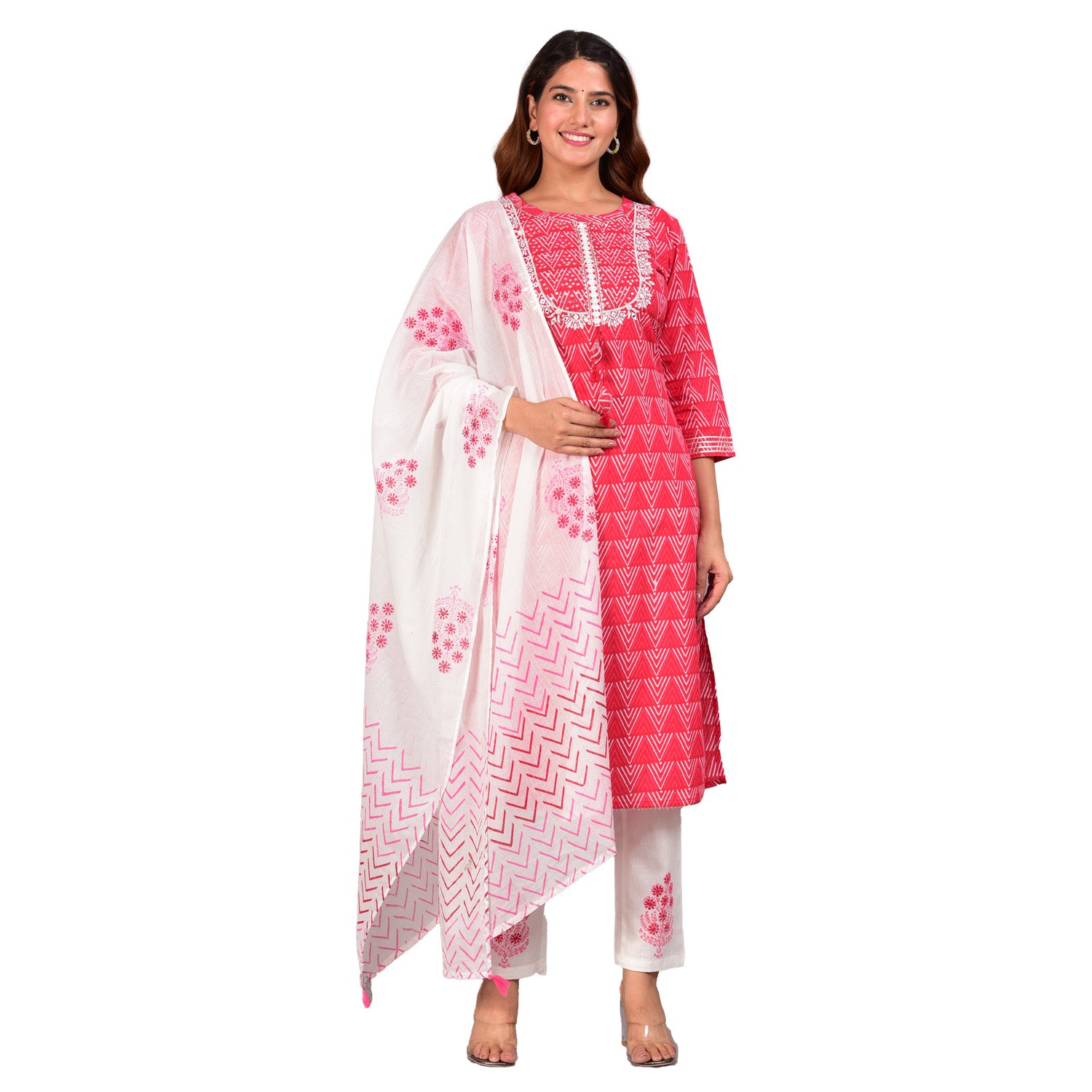 womens embroidered geomatrical printed straight kurta with floral printed pant and dupatta red