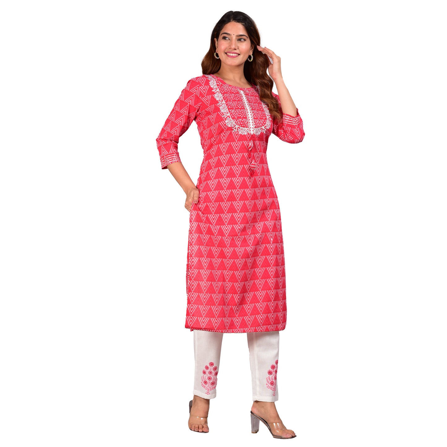 Yash Gallery Women's Embroidered Geomatrical Printed Straight Kurta with Floral Printed Pant and Dupatta (Red)