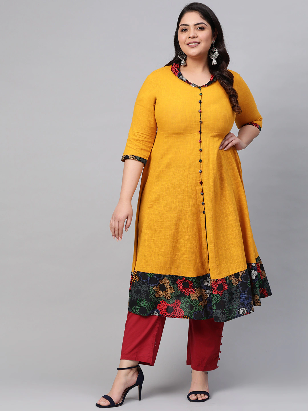 festive party floral print women kurti yellow