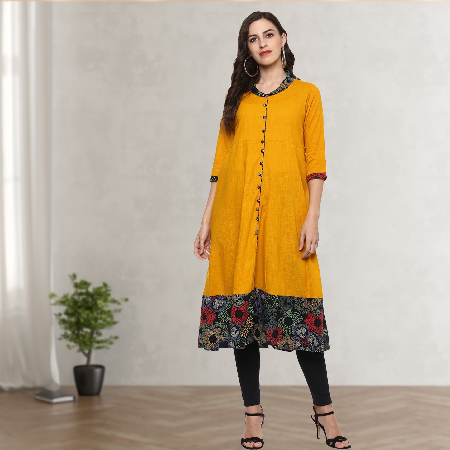 festive party floral print women kurti yellow