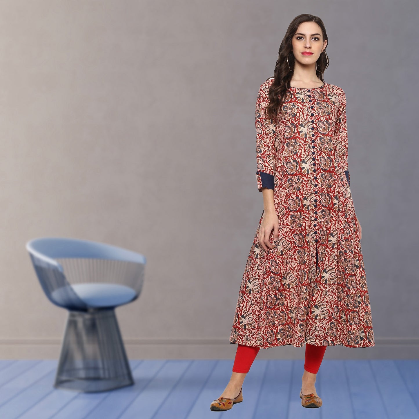 festive party floral print women kurti red