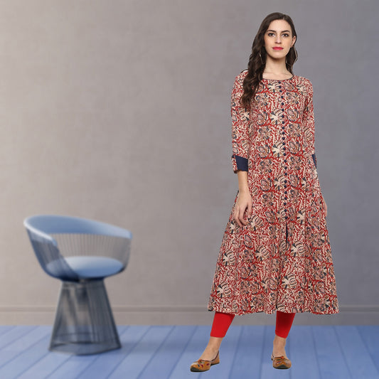 festive party floral print women kurti red