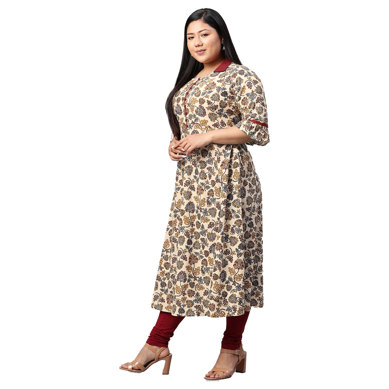 women cotton floral print anarkali kurta maroon