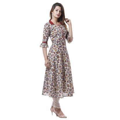 women cotton floral print anarkali kurta maroon