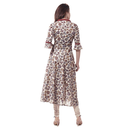 women cotton floral print anarkali kurta maroon