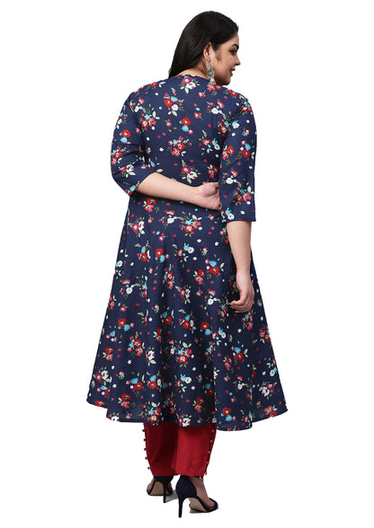 festive party floral print women kurti blue