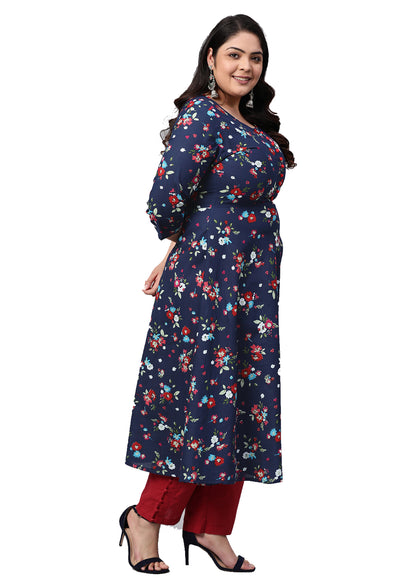 festive party floral print women kurti blue