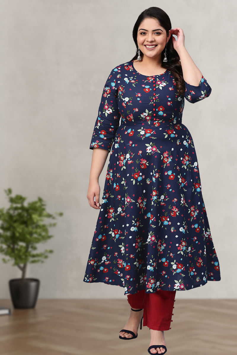 Tan Floral Printed Plus Size Kurta with Trousers