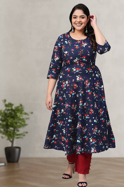 festive party floral print women kurti blue