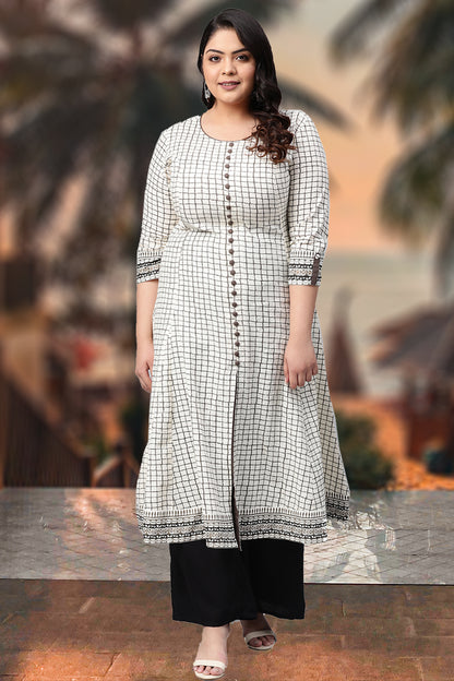 women checkered frontslit kurta white