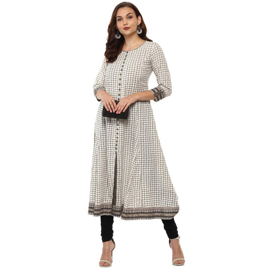 women checkered frontslit kurta white