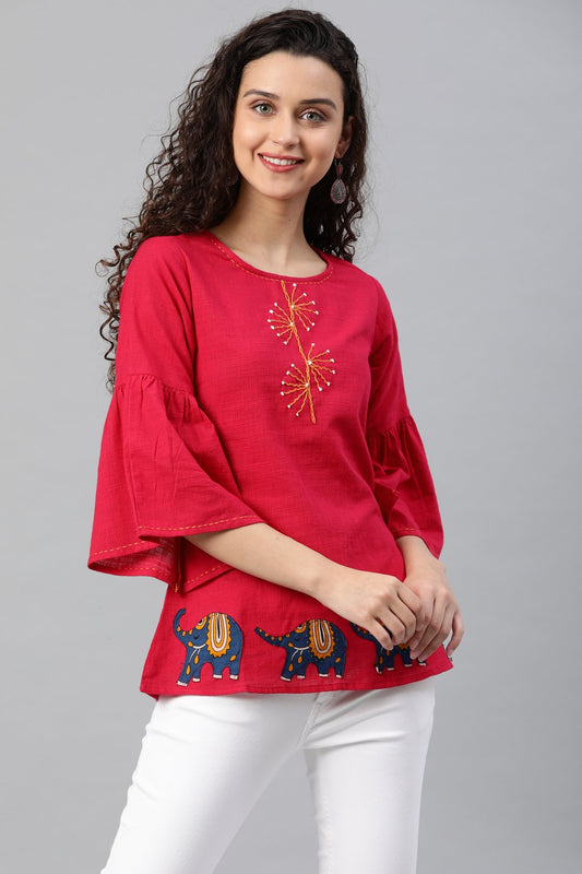 Casual Bell Sleeve Embellished   Top (Red)