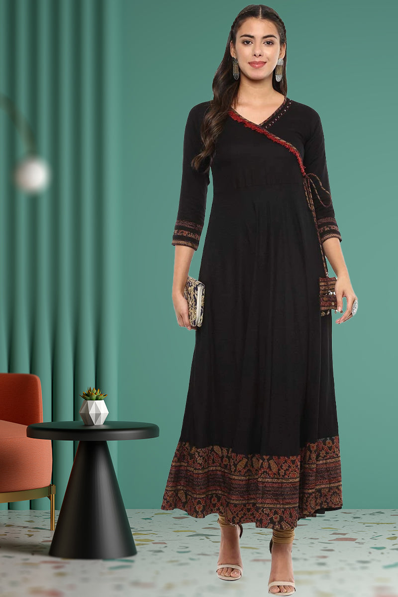 women printed anarkali kurta black