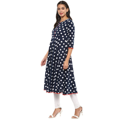 women polka print flared kurta dark blue