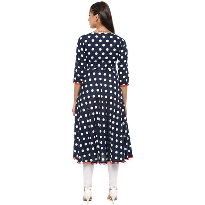 women polka print flared kurta dark blue