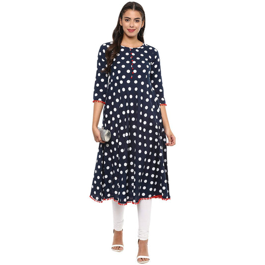 women polka print flared kurta dark blue