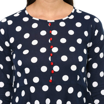 women polka print flared kurta dark blue