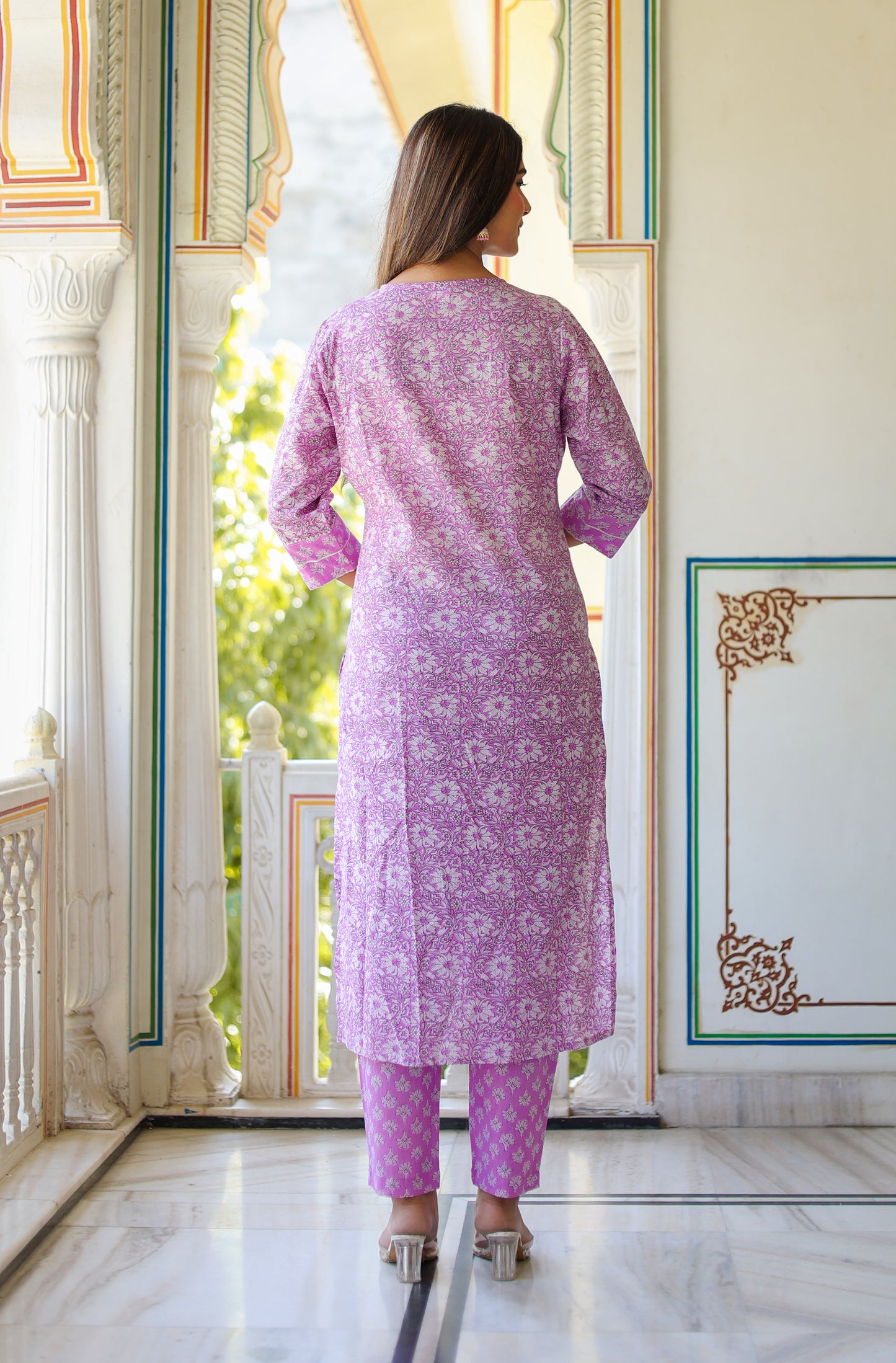 womens floral printed kurta with pant and dupatta purple