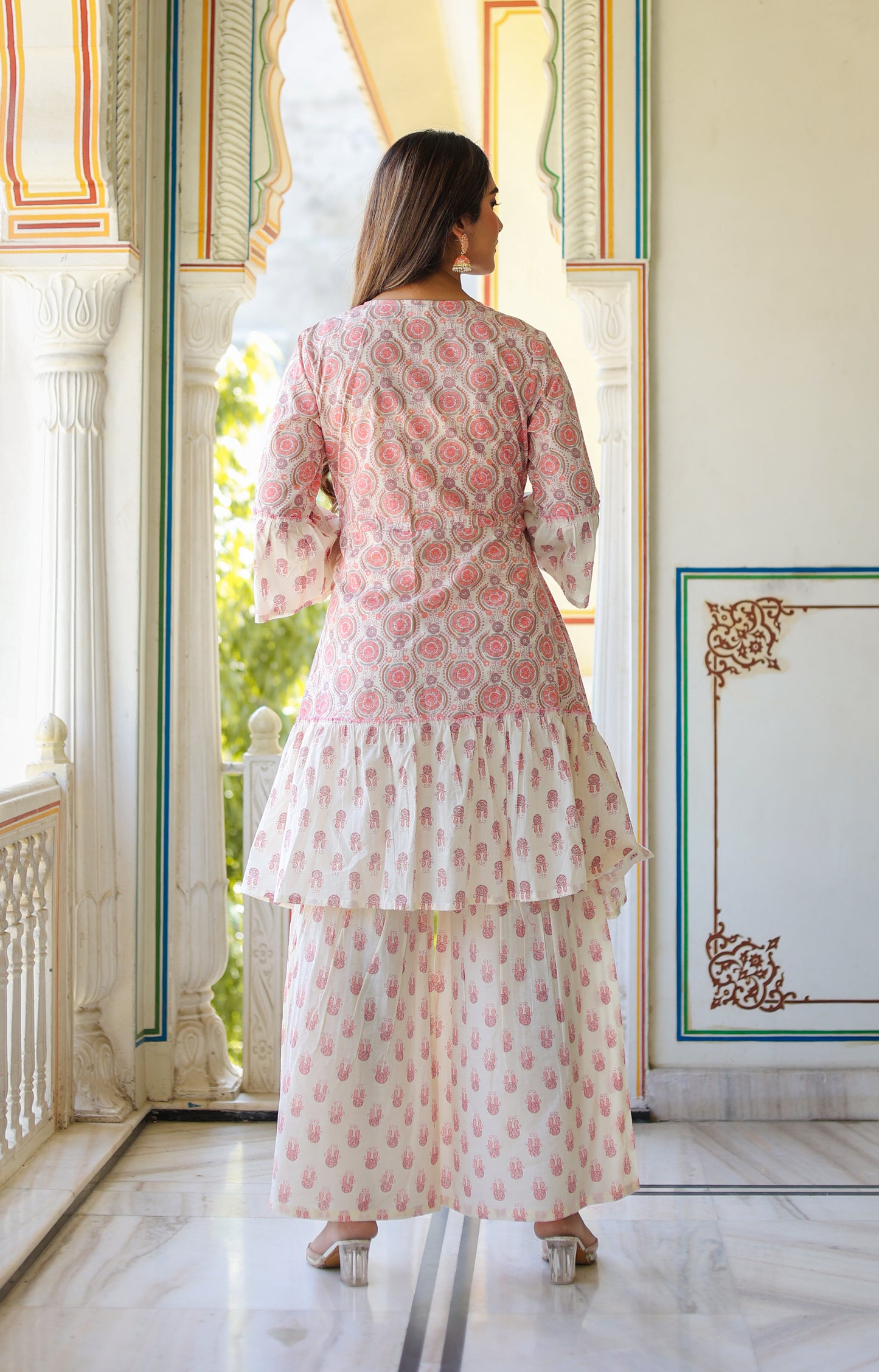 womens floral printed kurta with sharara and dupatta pink