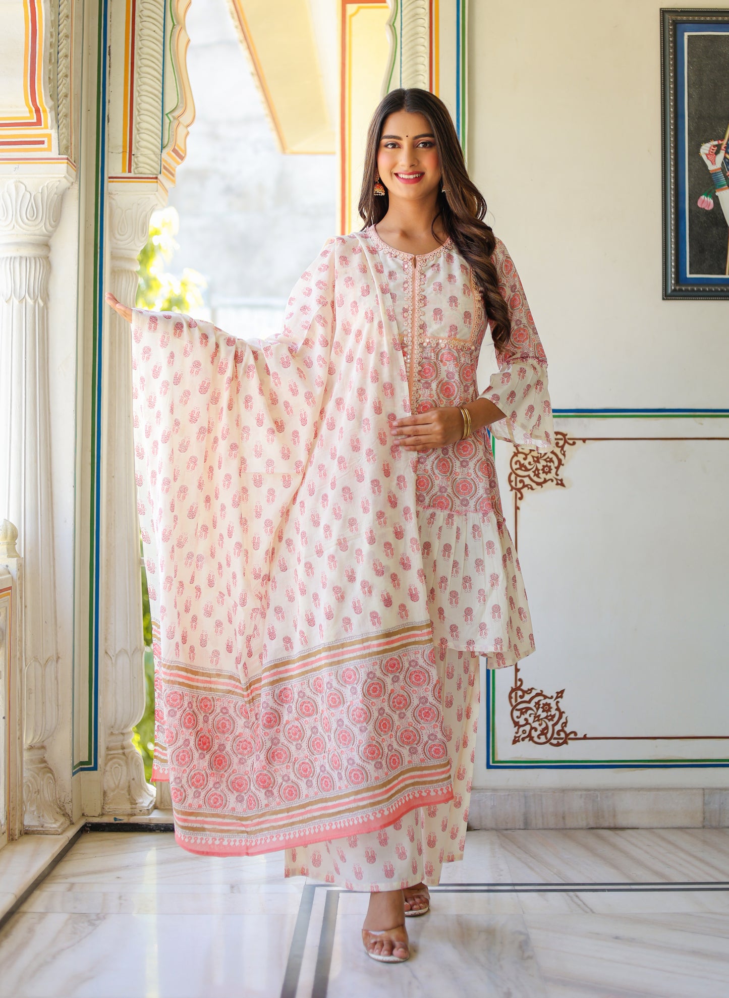 womens floral printed kurta with sharara and dupatta pink