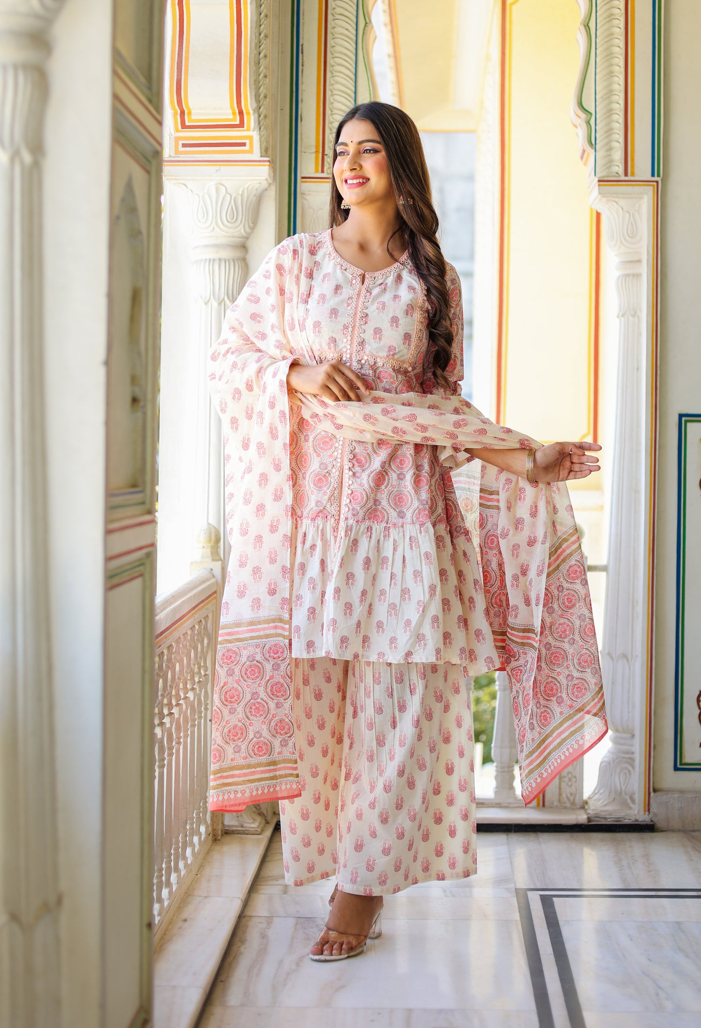 womens floral printed kurta with sharara and dupatta pink