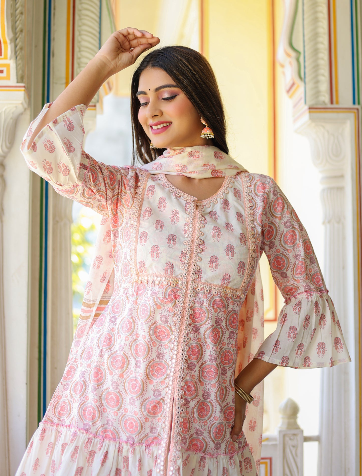 womens floral printed kurta with sharara and dupatta pink