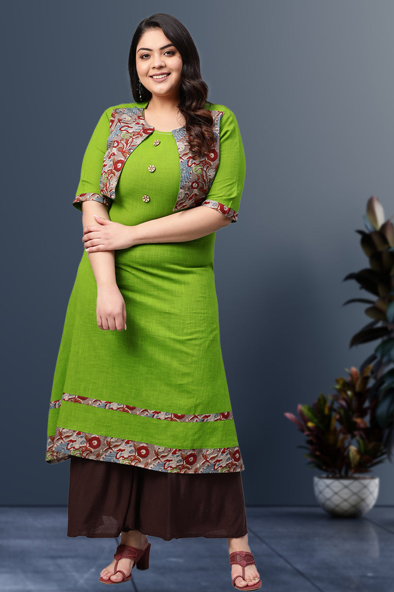 women floral print a line kurta green