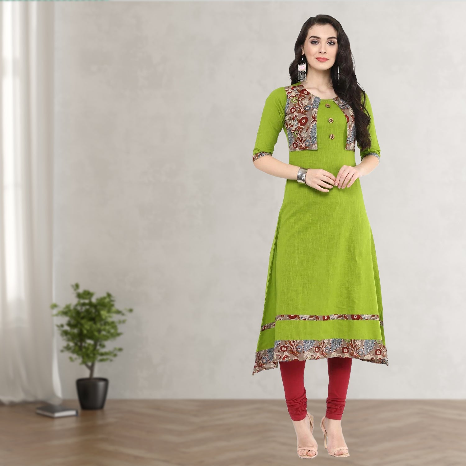 women floral print a line kurta green