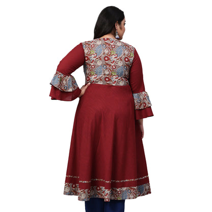 women patchwork anarkali kurta maroon