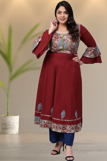 women patchwork anarkali kurta maroon