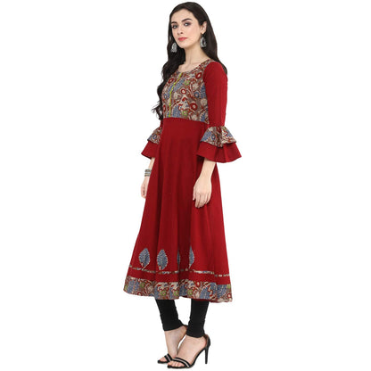 women patchwork anarkali kurta maroon